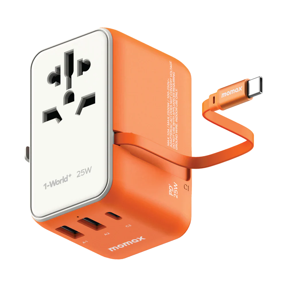 Momax World Travel Adapter 25W With Retractable USB-C Cable