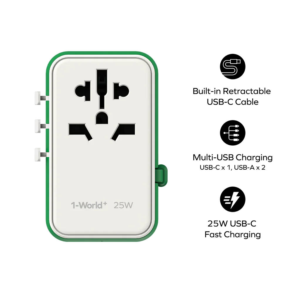 Momax World Travel Adapter 25W With Retractable USB-C Cable