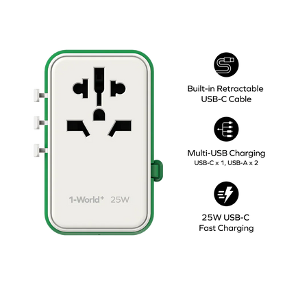 Momax World Travel Adapter 25W With Retractable USB-C Cable