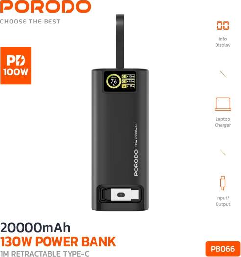 Porodo 20000mAh/130W Powe Bank (1M Retractable Type-C) - PB066