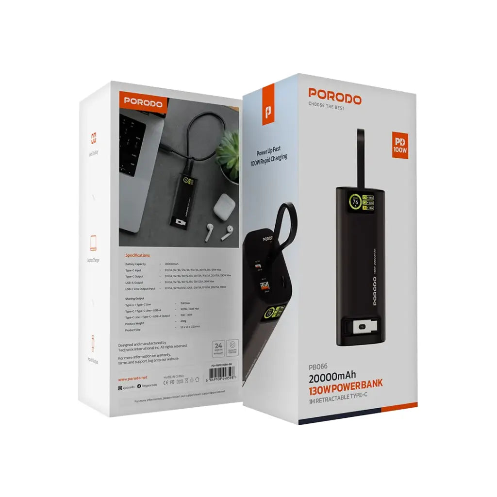 Porodo 20000mAh/130W Powe Bank (1M Retractable Type-C) - PB066