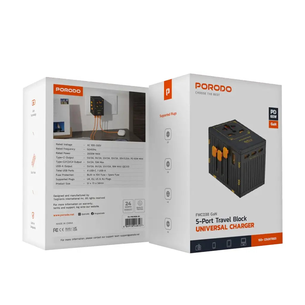 Porodo 5-Port Travel Block Universal Charger 65W - FWC038
