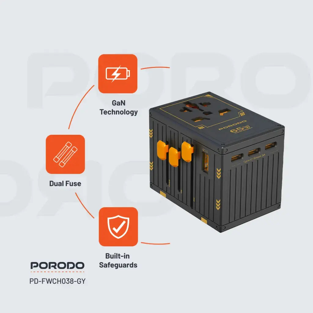 Porodo 5-Port Travel Block Universal Charger 65W - FWC038