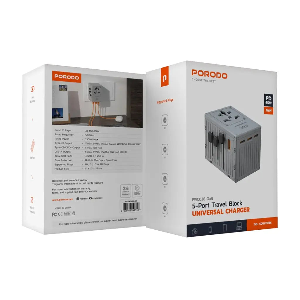 Porodo 5-Port Travel Block Universal Charger 65W - FWC038