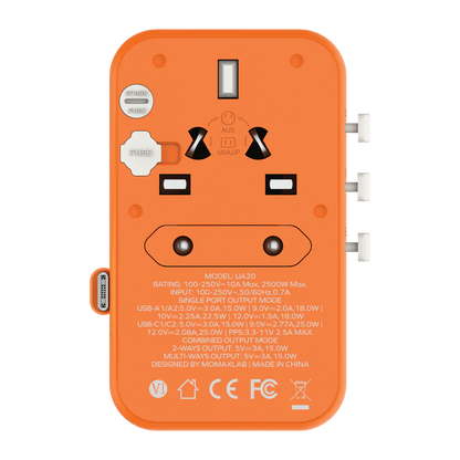 Momax World Travel Adapter 25W With Retractable USB-C Cable