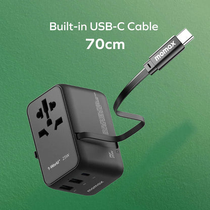 Momax World Travel Adapter 25W With Retractable USB-C Cable